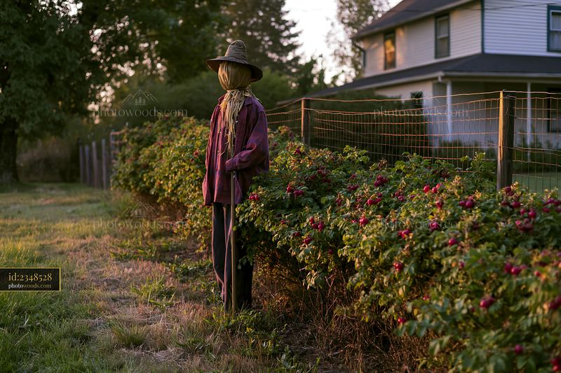 Rustic scarecrow beside a farmhouse during sunset