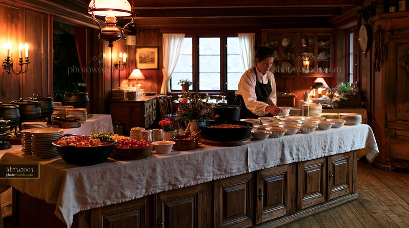 Wooden buffet table with dishes in rustic dining room setting