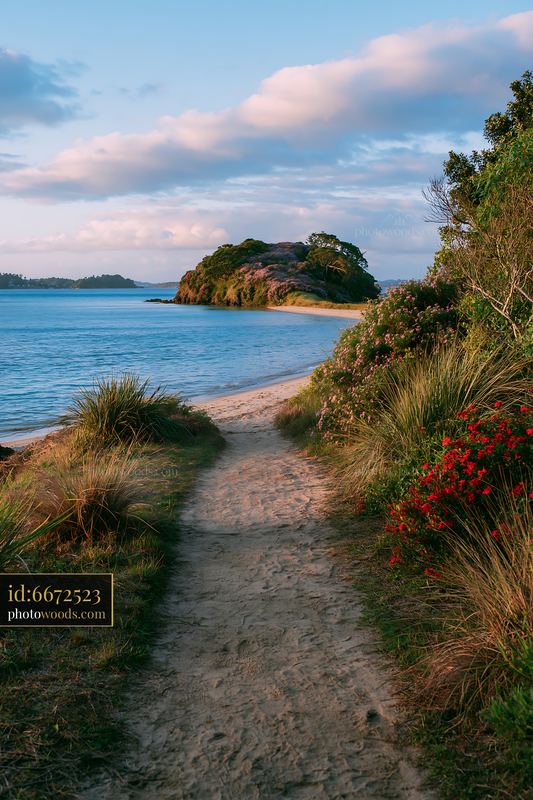 Pathway leading to an island with flowers in a tropical lagoon