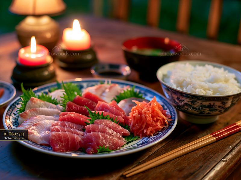 Sashimi platter with pickled ginger and rice on a wooden table
