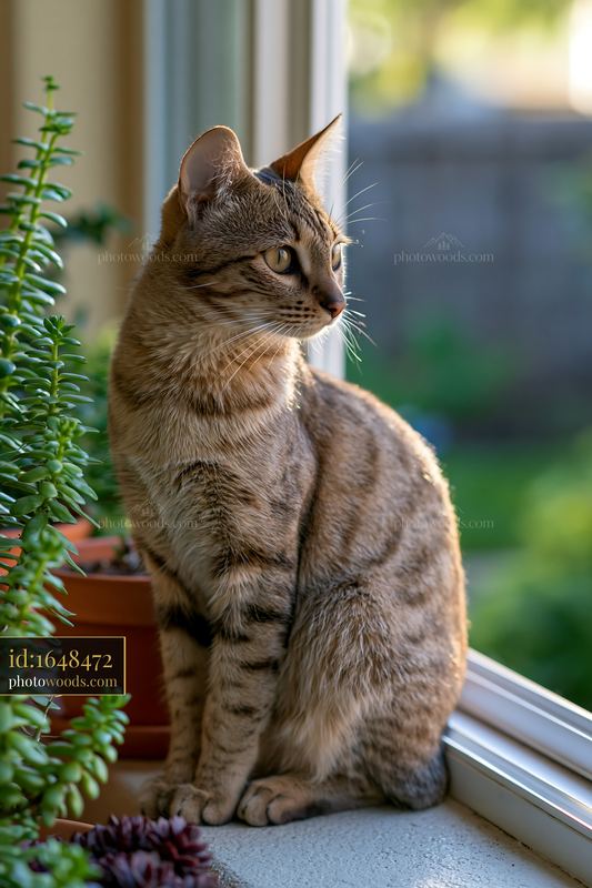 Savannah cat sits near a window in a bright room