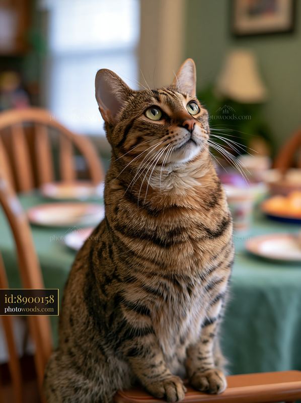 Savannah cat sitting at home on a dining chair