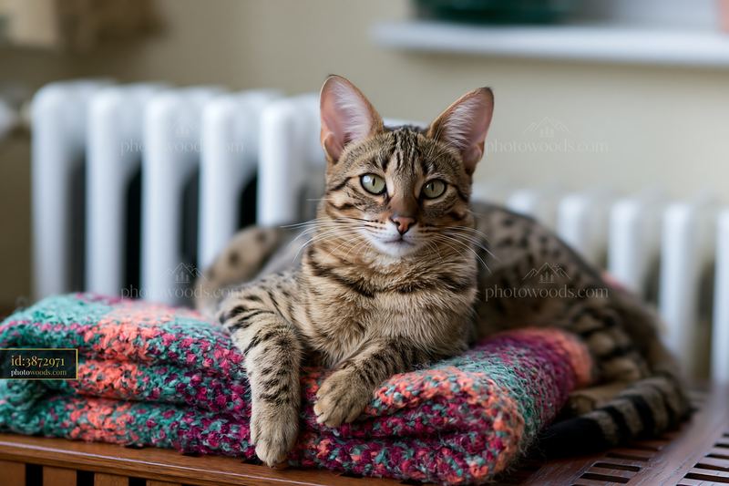 Savannah cat relaxing at home on a colorful blanket