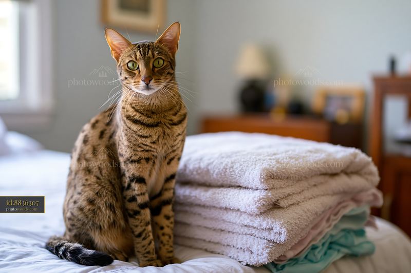 Savannah cat sitting on a bed next to stacked towels