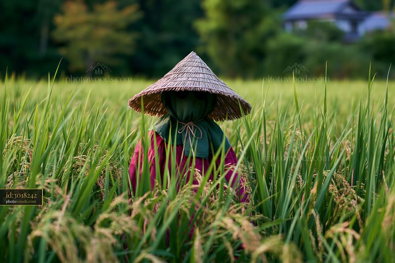 Scarecrow stands among rice plants in a traditional paddy field
