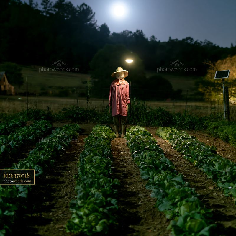 Scarecrow standing in a rural landscape at night under the moonlight