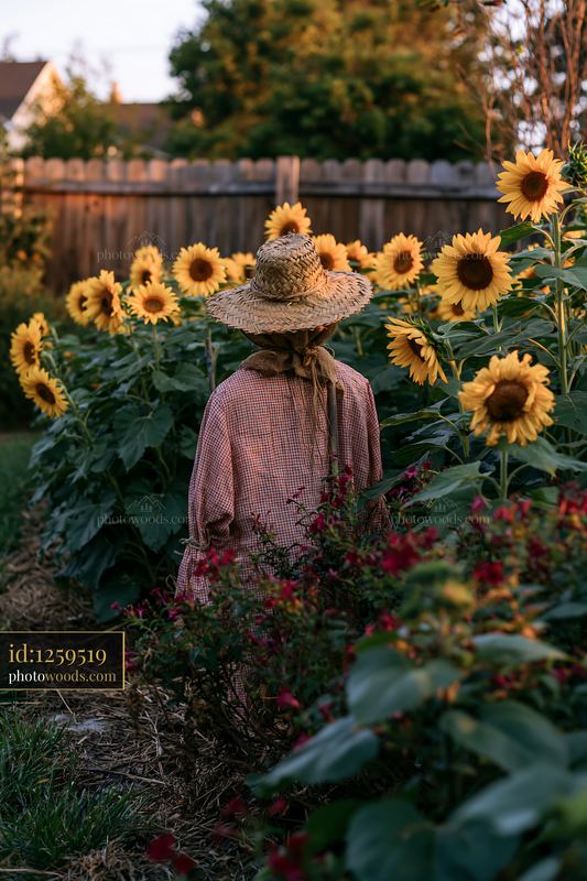 Scarecrow placed among sunflowers in a community garden