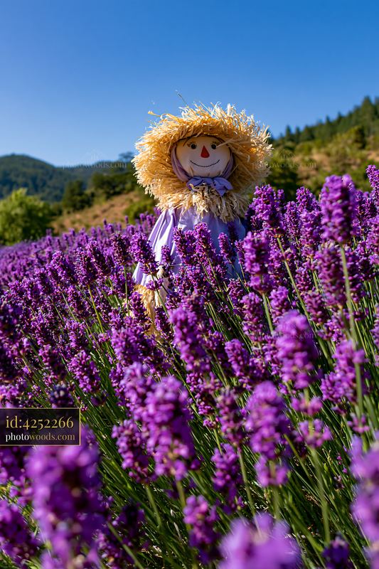 Scarecrow in a lavender field under a clear blue sky