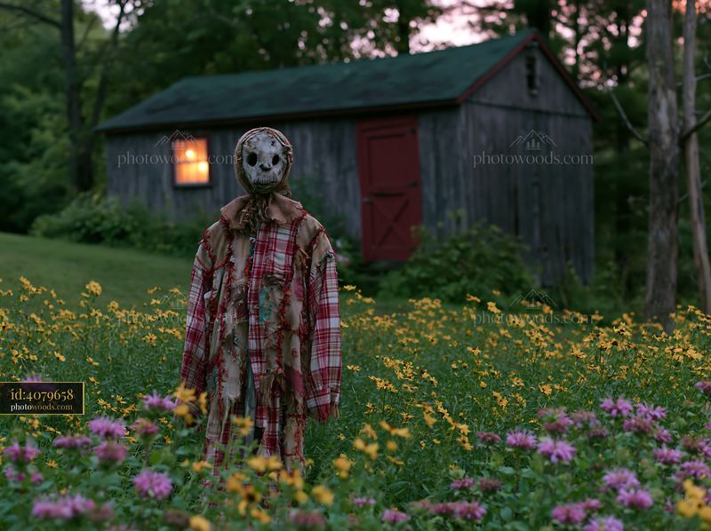 Scarecrow among blooming wildflowers in a garden setting