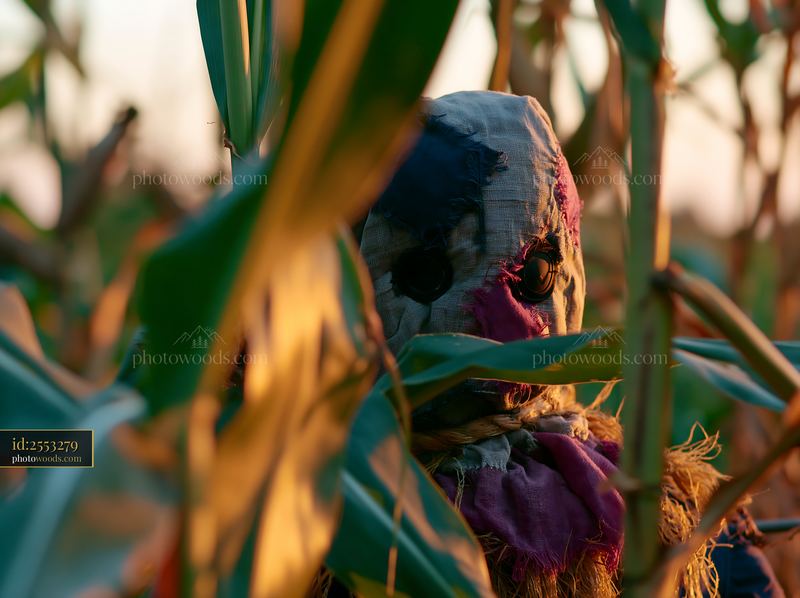 Scarecrow watching over cornfield at sunrise