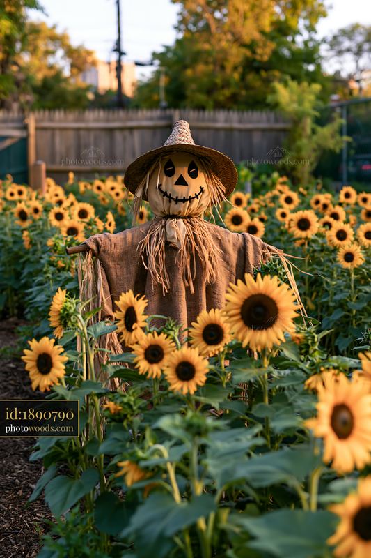 Scarecrow in a community garden among blooming sunflowers