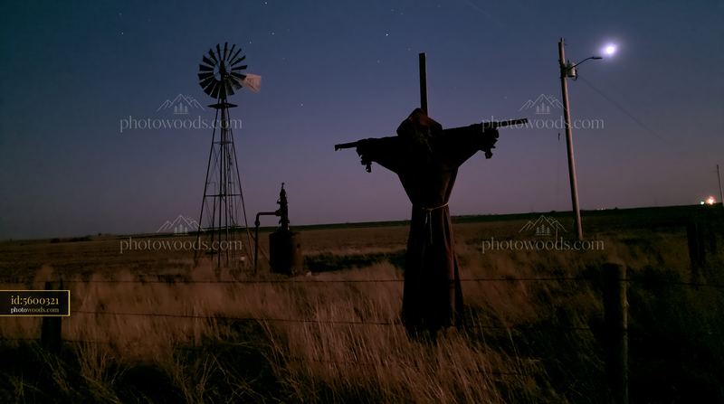 Scarecrow standing in a moonlit field with a windmill