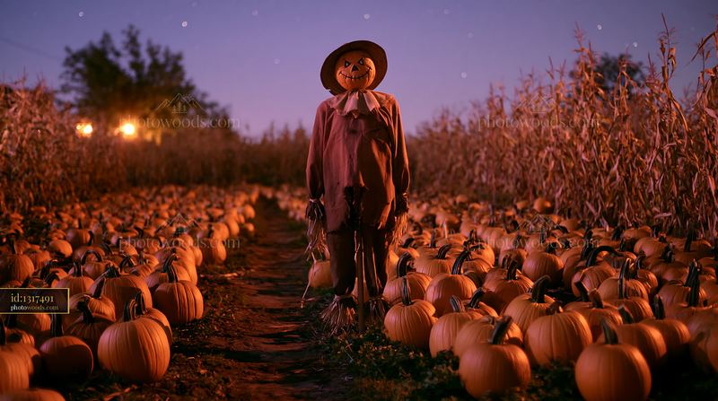Scarecrow in a pumpkin patch under a starry night sky