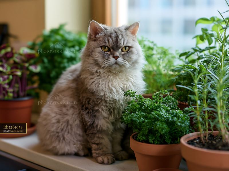 Selkirk Rex cat portrait with green plants in a bright room