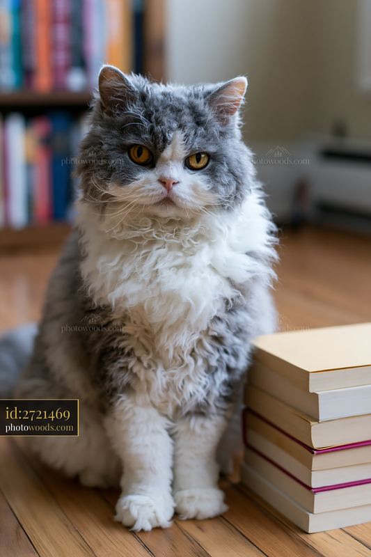 Selkirk Rex cat portrait by a stack of books indoors
