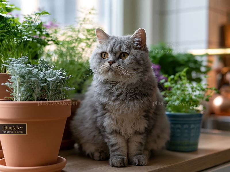 Portrait of a Selkirk Rex cat among potted plants indoors