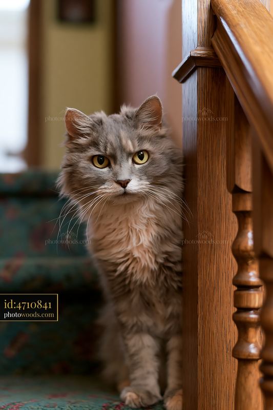 Selkirk Rex cat portrait on staircase