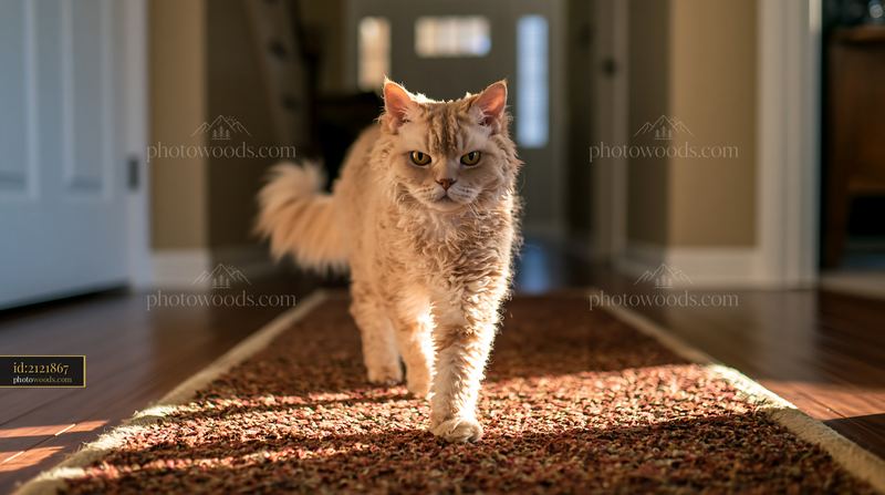 Selkirk Rex cat walking down a hallway in soft sunlight