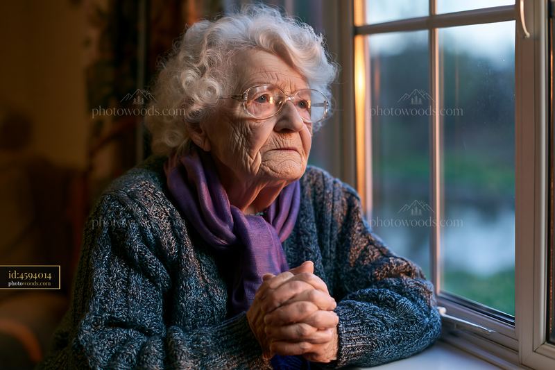 Senior with Alzheimer's looks out a window during golden hour