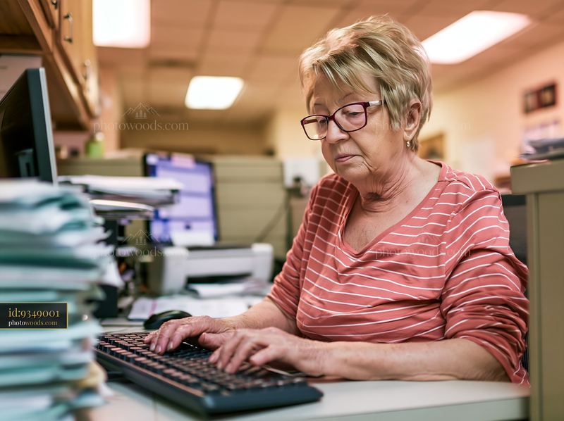 Senior woman typing with shaky hands at a desk in an office
