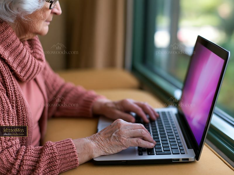 Senior woman typing with shaky hands by the window