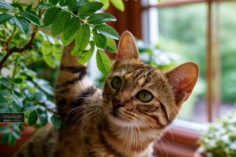 Serengeti cat interacting with a houseplant by a window