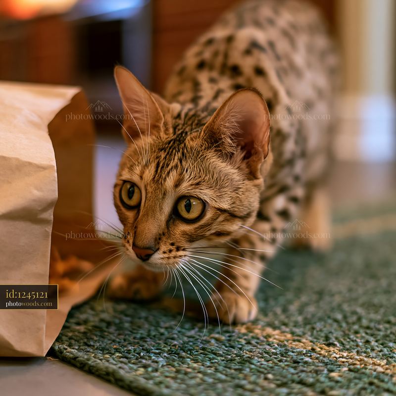 Serengeti cat exploring indoors near a paper bag