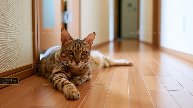 Serengeti cat resting on wood floor in modern indoor setting