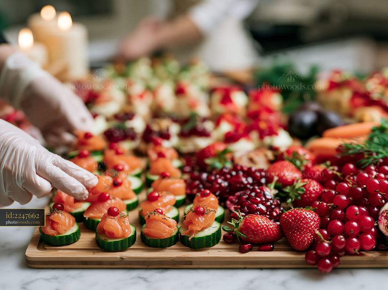 Cucumber cups with smoked salmon and berries on serving board