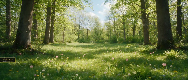 A shaded meadow in woodland clearing features green grass with flowers scattered across the ground.