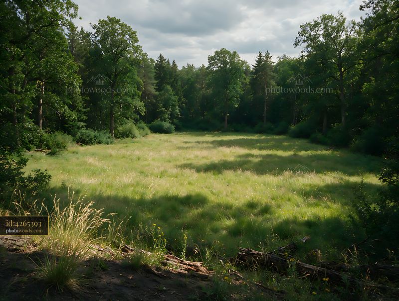Shaded meadow in woodland clearing with trees and tall grass