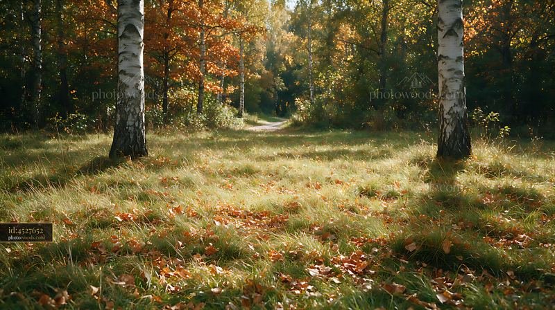 Shaded meadow in woodland clearing with autumn leaves