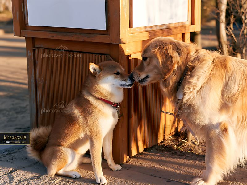 Shiba Inu meets another dog at a park entrance