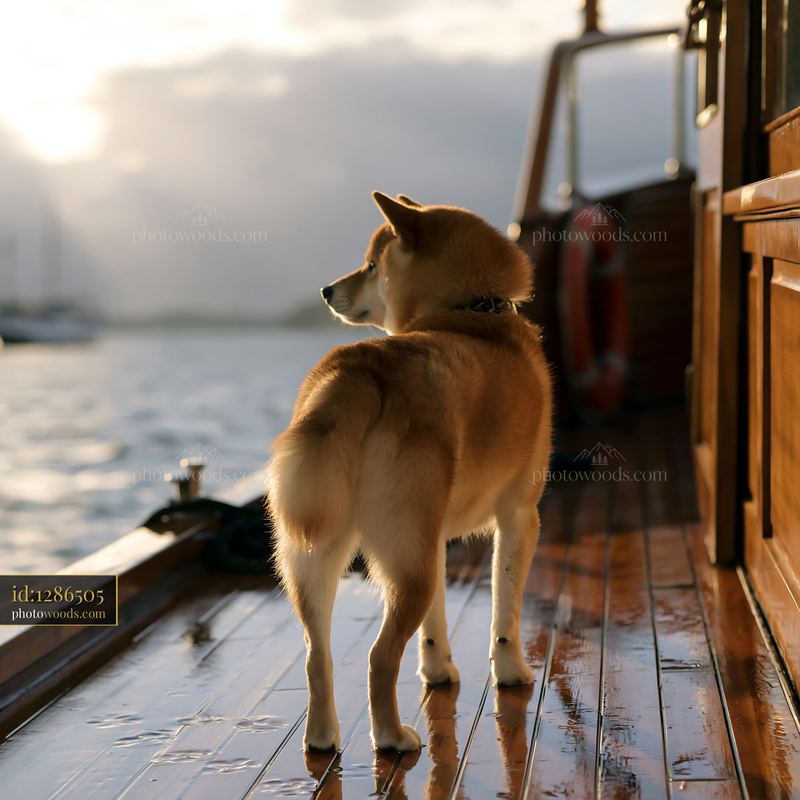 Shiba inu standing on a boat deck after rain