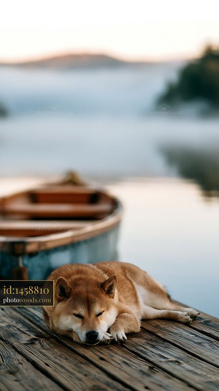Shiba inu resting near a paddle boat on a lake