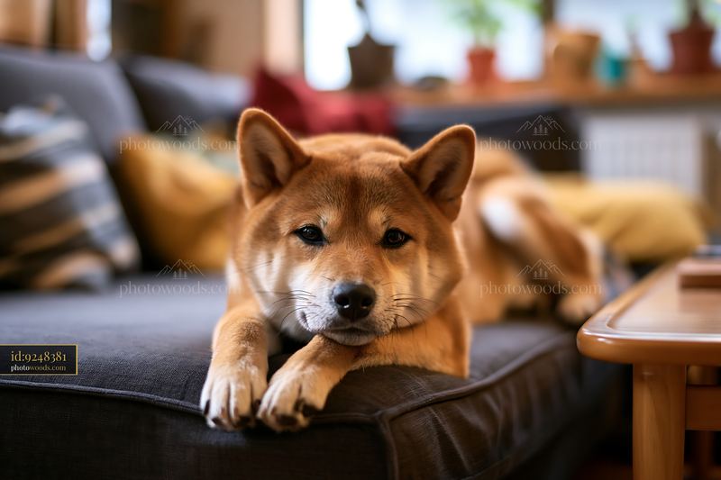 Shiba Inu resting on a sofa in a cozy living room