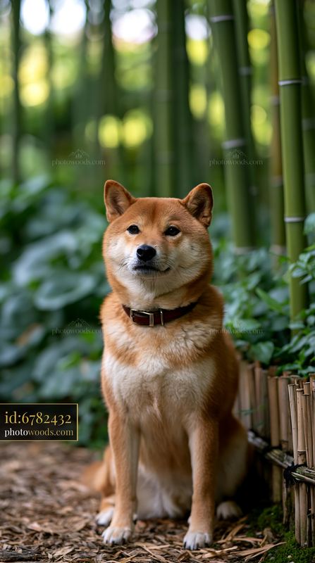 Shiba Inu sitting by bamboo in a Japanese garden
