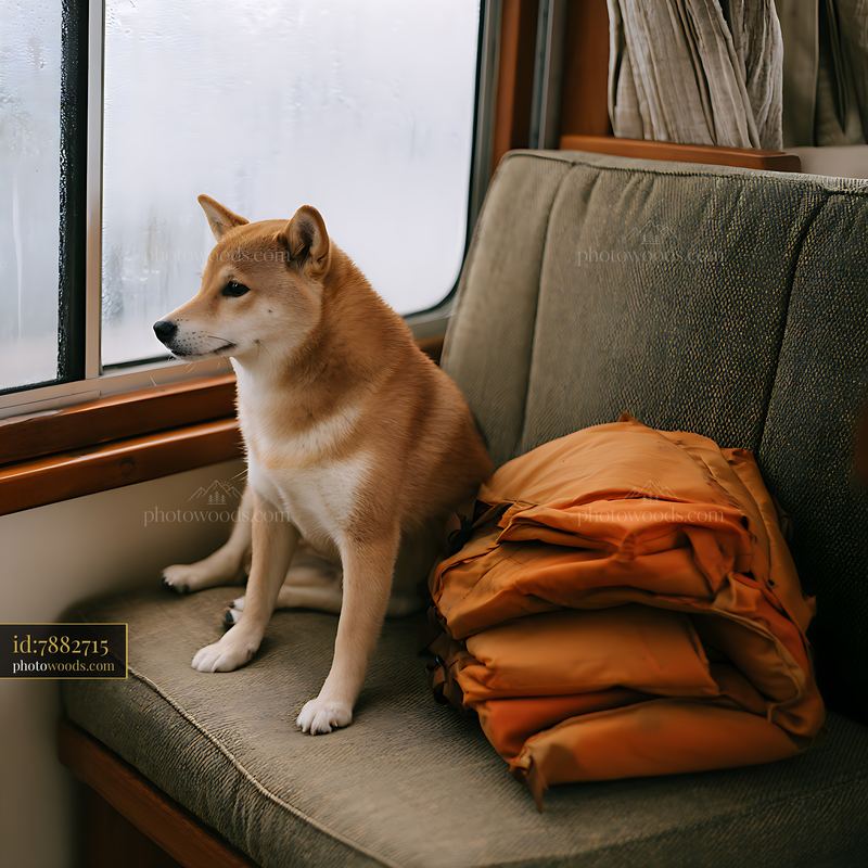 Shiba inu resting beside a folded life vest on a boat seat