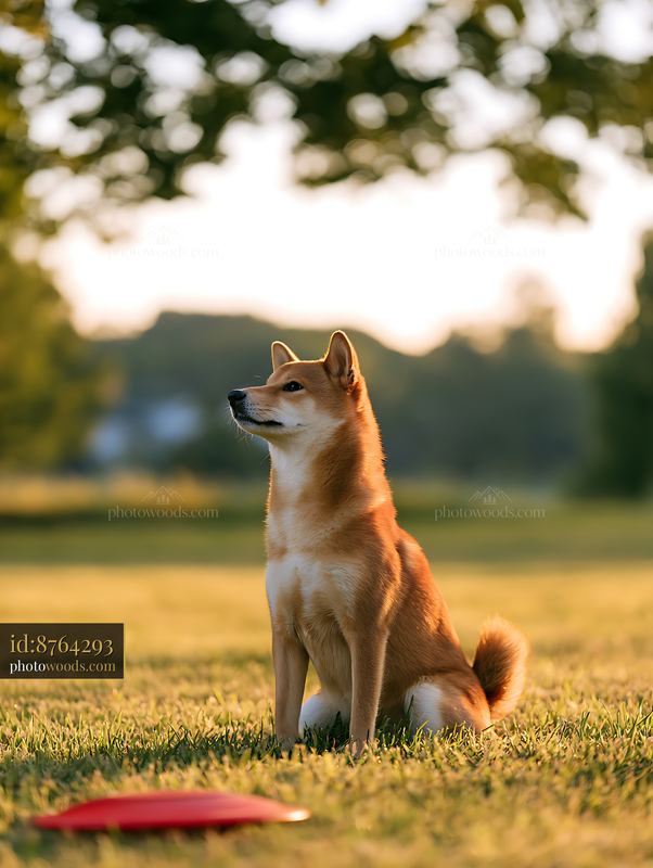 Shiba Inu sitting on grass next to a frisbee in a sunny park
