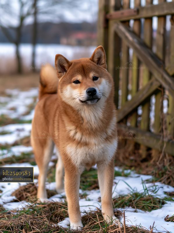 Shiba Inu standing in a snowy meadow near a wooden fence