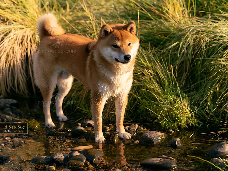 Shiba Inu standing in water surrounded by tall grass