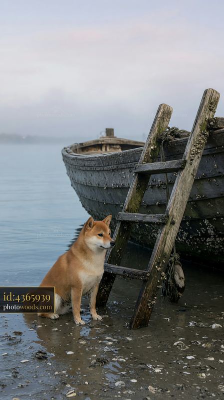 Shiba inu beside a boat ladder at low tide