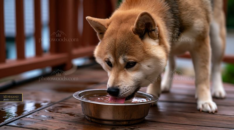 Shiba Inu drinking from a water bowl on a wooden deck