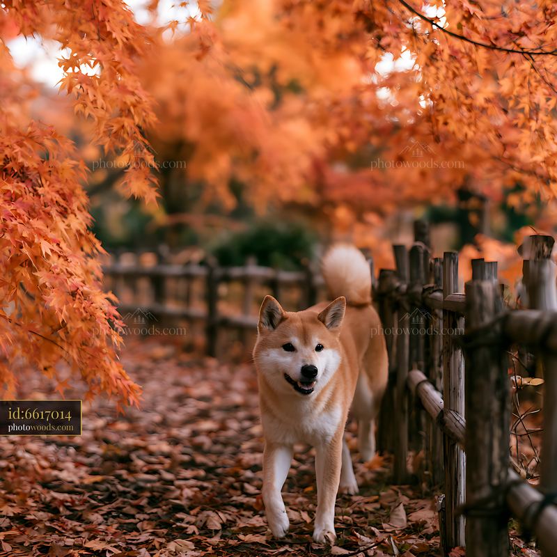 Shiba Inu walking among orange autumn trees for seasonal campaign