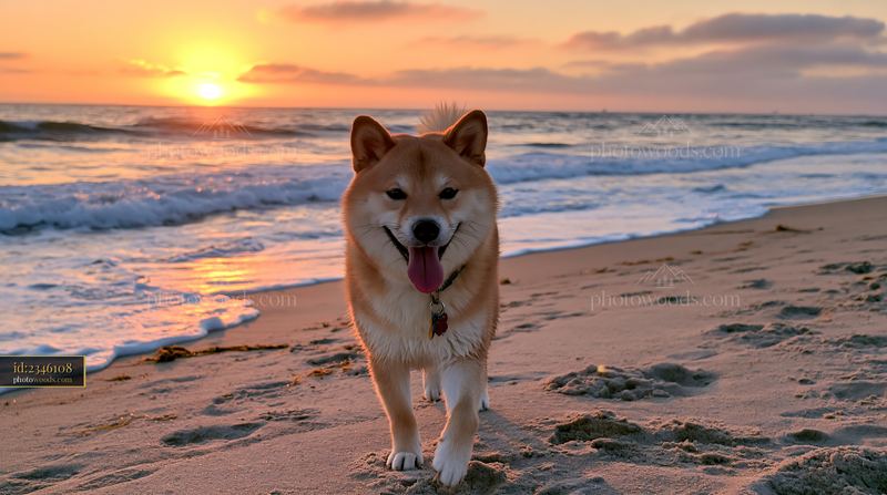 Shiba Inu walking on the beach during sunset