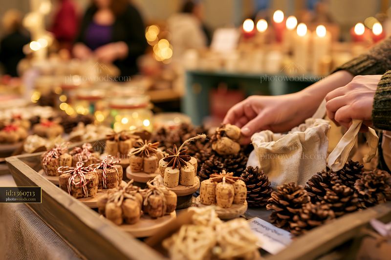Christmas market stall with handmade ornaments and festive crafts