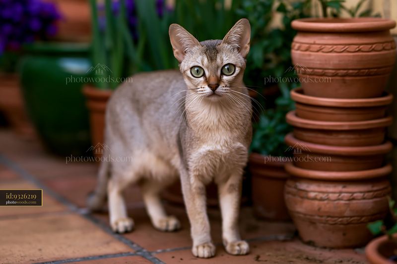 Singapura cat stands among potted plants in a garden setting