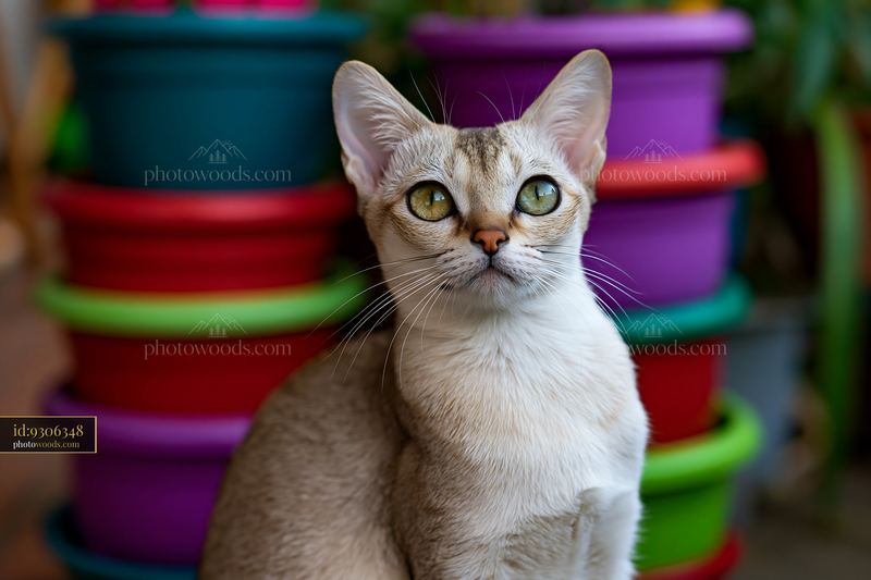 Singapura cat portrait with colorful plant pots in background