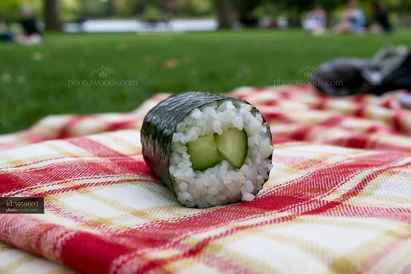Single cucumber maki roll on a picnic blanket in a park