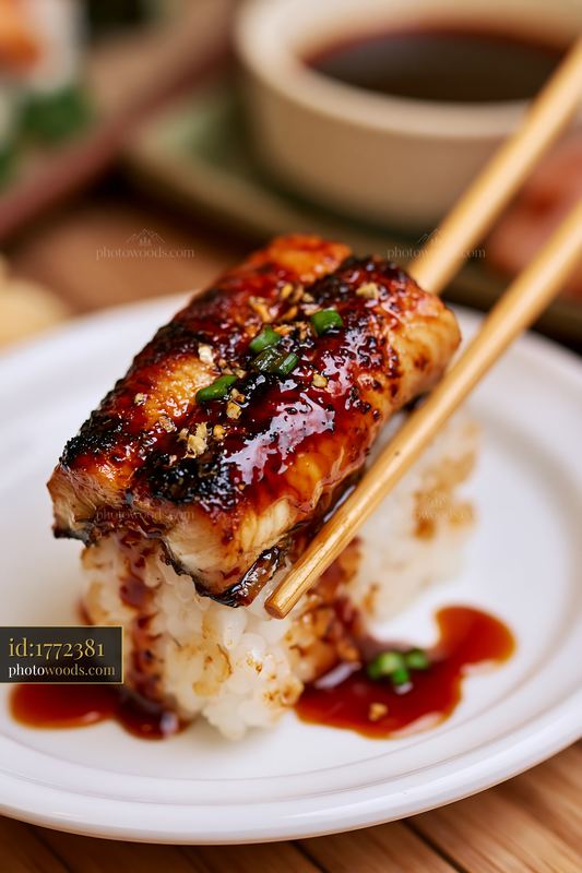 Single eel nigiri with sauce placed on a white plate